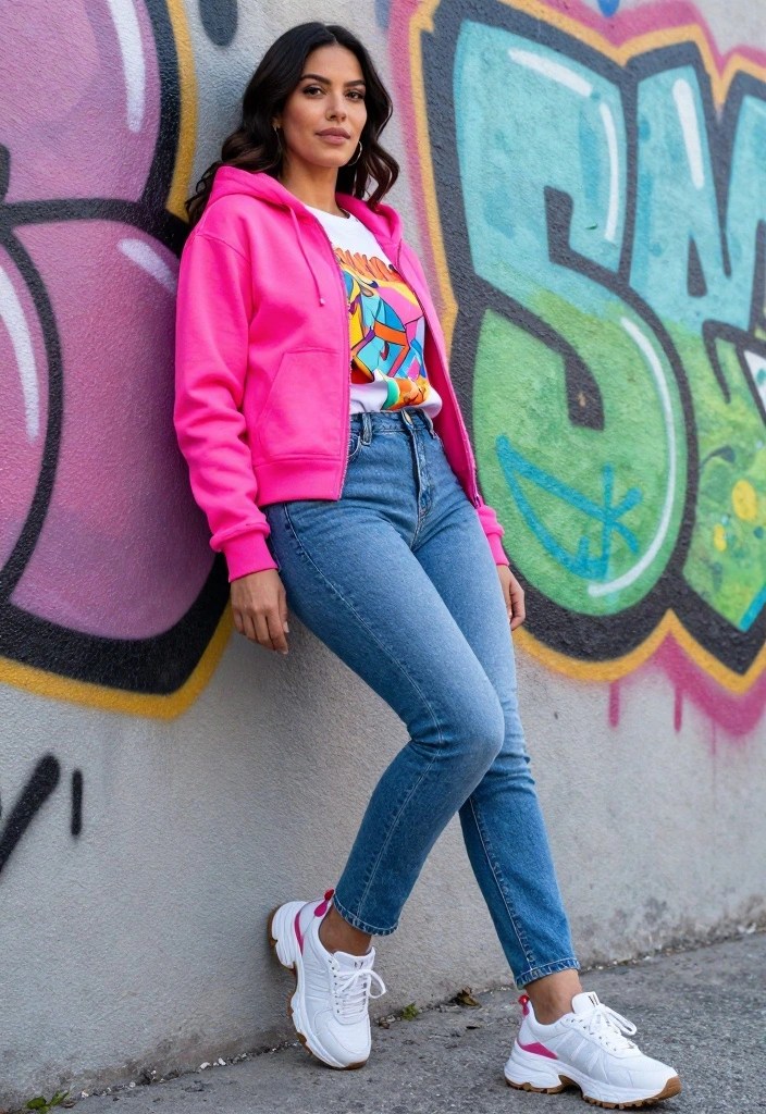 16 Creative Ways to Layer Pink Fluorescent Outfits for a Unique Look! - 1. Bright Hoodie with a Graphic Tee 1