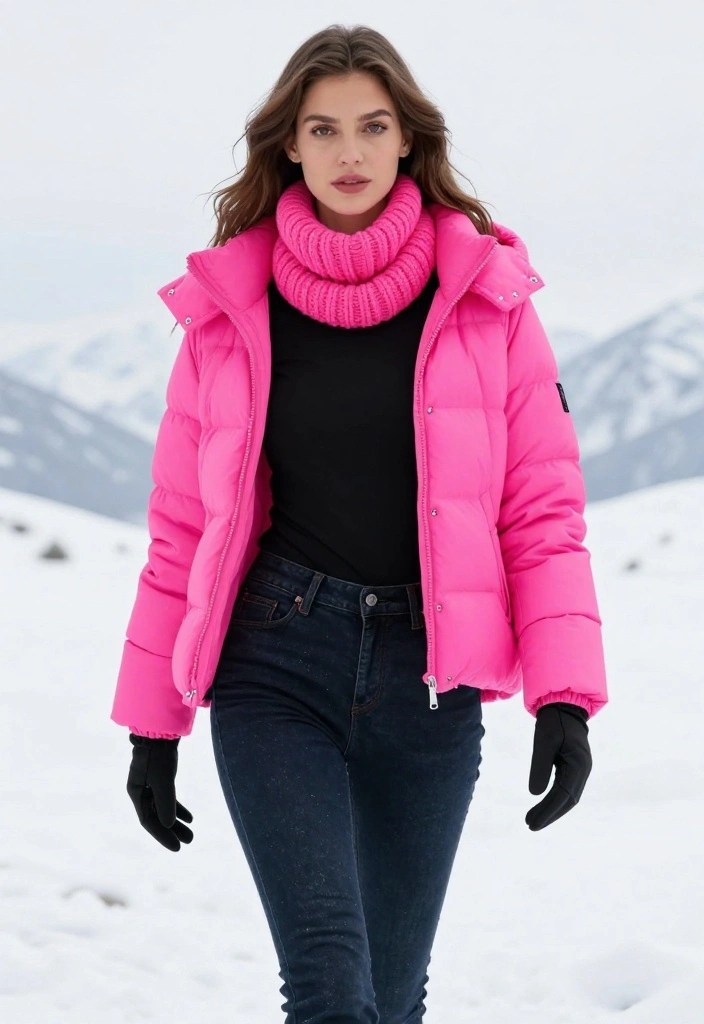 16 Creative Ways to Layer Pink Fluorescent Outfits for a Unique Look! - 4. Pink Puffers for Winter Chic 1