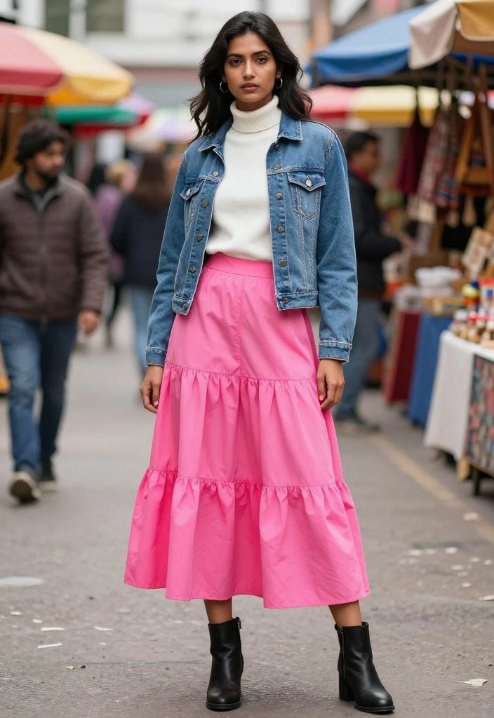 16 Creative Ways to Layer Pink Fluorescent Outfits for a Unique Look! - 6. Pink Fluorescent Skirt with Layered Tops 1