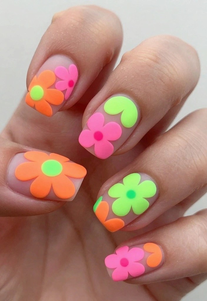 20 Colorful Nail Designs That Will Make Your Hands the Center of Attention (Check Out #8!) - 2. Neon Floral Burst 1
